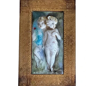Vintage Emanuele Terzani Italian Majolica Relief Ceramic Tile Children Framed